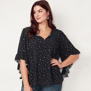 LC black and gold heart print flounce sleeve top